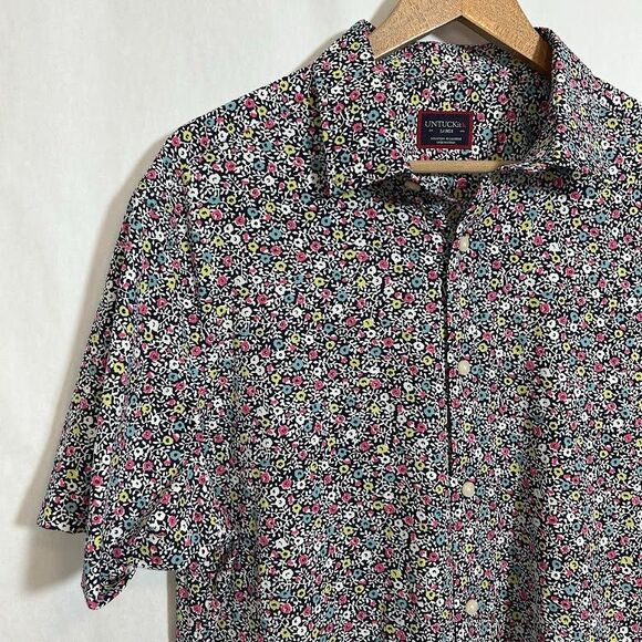 Untuckit Shirt Men Large Floral Short Sleeve Nylon Stretch Caberlot Party Preppy - Picture 4 of 7